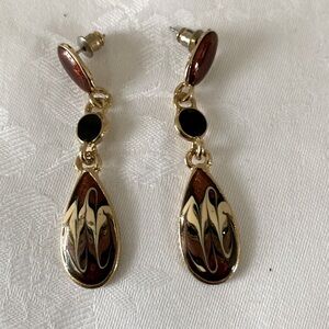 Bronze, Tan and Black Enameled Earrings with three sections for lots of movement